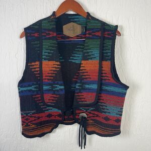 Woolrich Black Southwestern Patterned Fringe Vest with Orange & Teal Accents